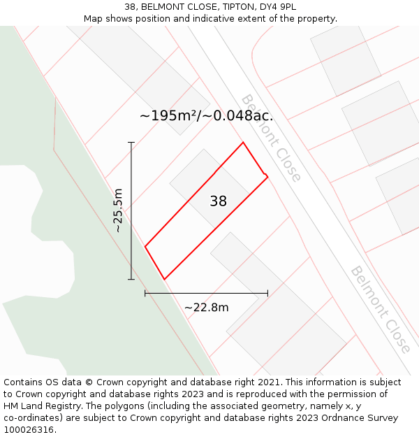 38, BELMONT CLOSE, TIPTON, DY4 9PL: Plot and title map