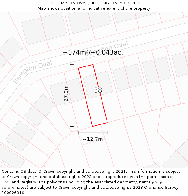 38, BEMPTON OVAL, BRIDLINGTON, YO16 7HN: Plot and title map