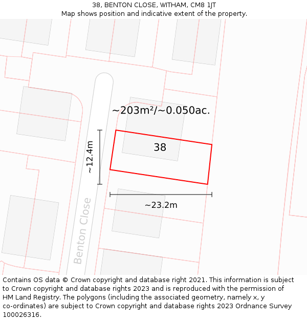 38, BENTON CLOSE, WITHAM, CM8 1JT: Plot and title map