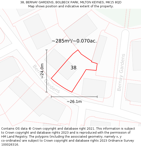 38, BERNAY GARDENS, BOLBECK PARK, MILTON KEYNES, MK15 8QD: Plot and title map