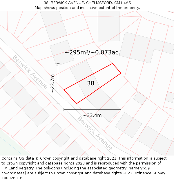 38, BERWICK AVENUE, CHELMSFORD, CM1 4AS: Plot and title map