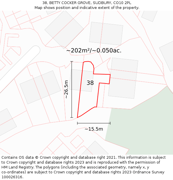 38, BETTY COCKER GROVE, SUDBURY, CO10 2PL: Plot and title map