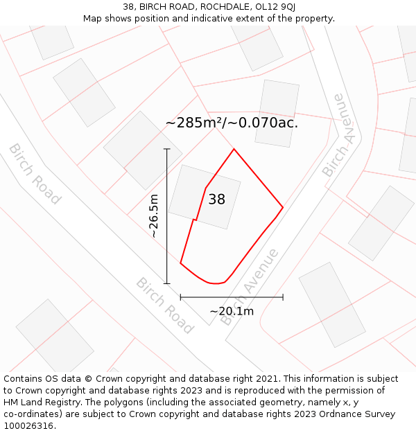 38, BIRCH ROAD, ROCHDALE, OL12 9QJ: Plot and title map