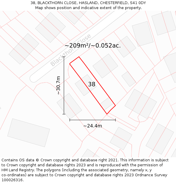 38, BLACKTHORN CLOSE, HASLAND, CHESTERFIELD, S41 0DY: Plot and title map