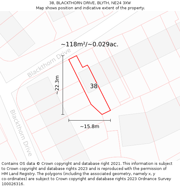 38, BLACKTHORN DRIVE, BLYTH, NE24 3XW: Plot and title map