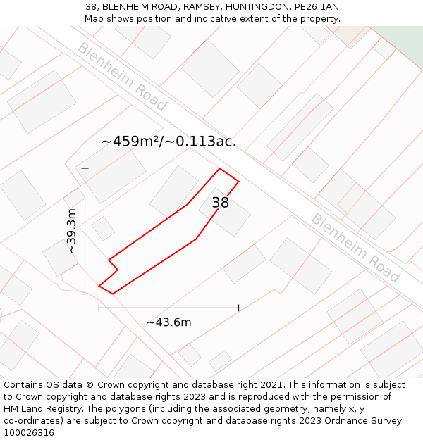 38, BLENHEIM ROAD, RAMSEY, HUNTINGDON, PE26 1AN: Plot and title map