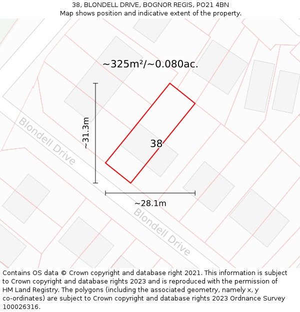 38, BLONDELL DRIVE, BOGNOR REGIS, PO21 4BN: Plot and title map