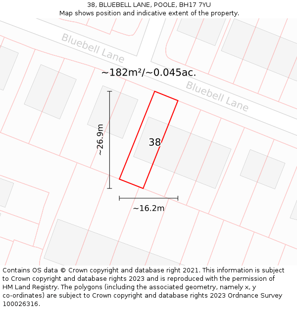 38, BLUEBELL LANE, POOLE, BH17 7YU: Plot and title map