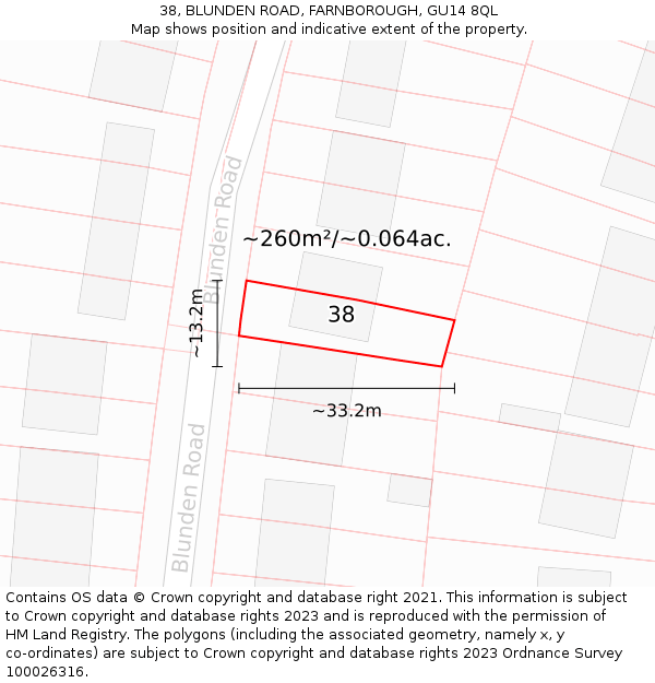 38, BLUNDEN ROAD, FARNBOROUGH, GU14 8QL: Plot and title map