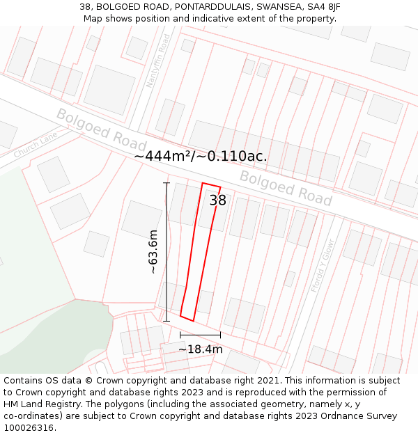 38, BOLGOED ROAD, PONTARDDULAIS, SWANSEA, SA4 8JF: Plot and title map