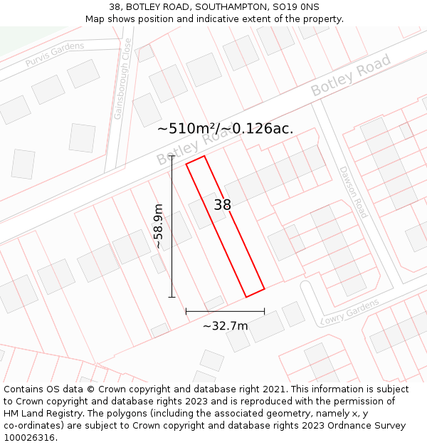 38, BOTLEY ROAD, SOUTHAMPTON, SO19 0NS: Plot and title map