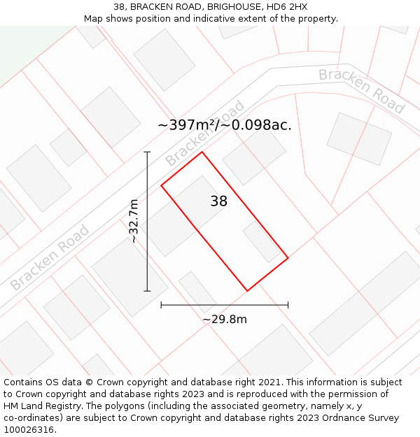 38, BRACKEN ROAD, BRIGHOUSE, HD6 2HX: Plot and title map