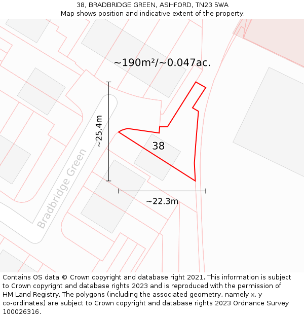 38, BRADBRIDGE GREEN, ASHFORD, TN23 5WA: Plot and title map