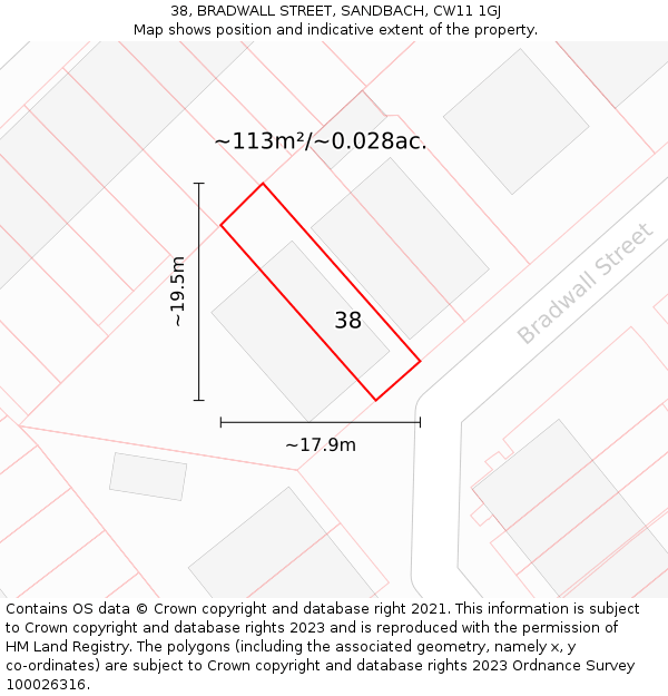 38, BRADWALL STREET, SANDBACH, CW11 1GJ: Plot and title map