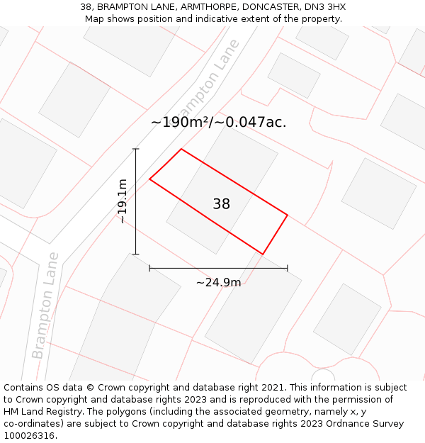 38, BRAMPTON LANE, ARMTHORPE, DONCASTER, DN3 3HX: Plot and title map