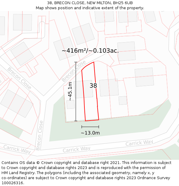 38, BRECON CLOSE, NEW MILTON, BH25 6UB: Plot and title map