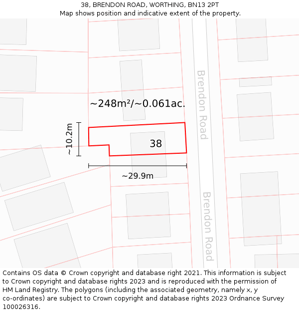 38, BRENDON ROAD, WORTHING, BN13 2PT: Plot and title map