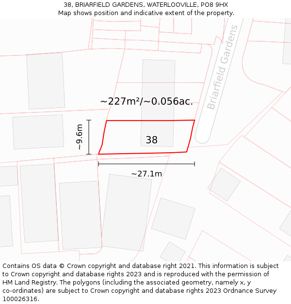 38, BRIARFIELD GARDENS, WATERLOOVILLE, PO8 9HX: Plot and title map