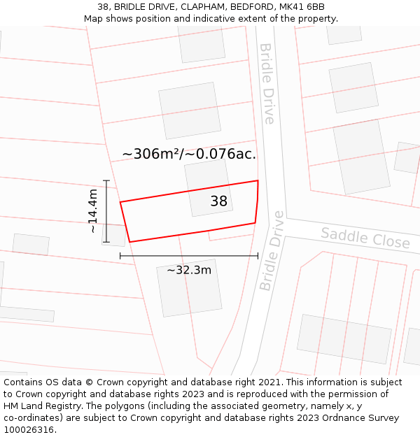 38, BRIDLE DRIVE, CLAPHAM, BEDFORD, MK41 6BB: Plot and title map