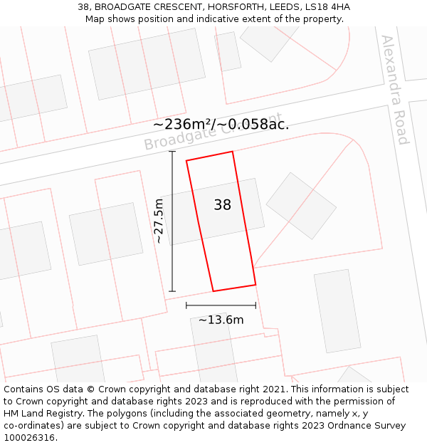 38, BROADGATE CRESCENT, HORSFORTH, LEEDS, LS18 4HA: Plot and title map