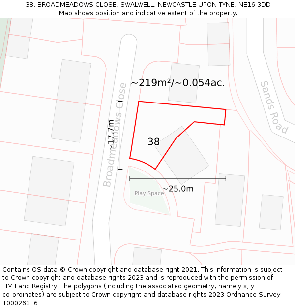 38, BROADMEADOWS CLOSE, SWALWELL, NEWCASTLE UPON TYNE, NE16 3DD: Plot and title map