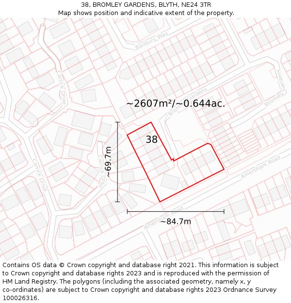 38, BROMLEY GARDENS, BLYTH, NE24 3TR: Plot and title map