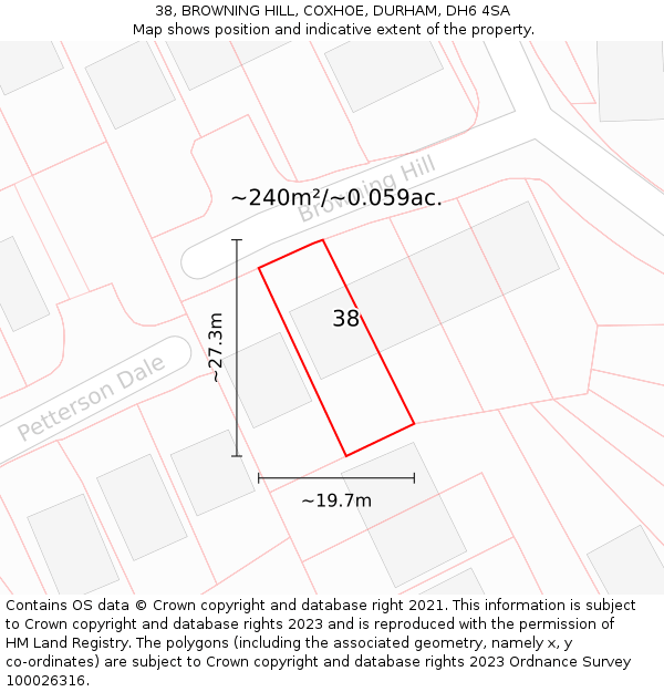38, BROWNING HILL, COXHOE, DURHAM, DH6 4SA: Plot and title map