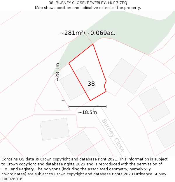 38, BURNEY CLOSE, BEVERLEY, HU17 7EQ: Plot and title map