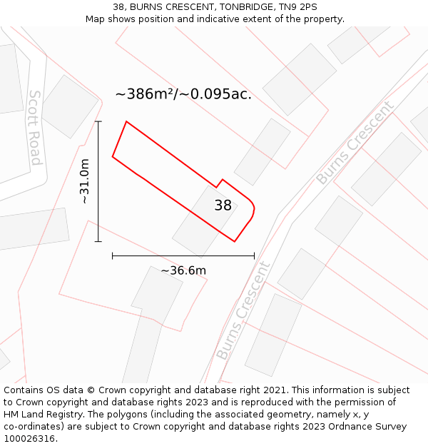 38, BURNS CRESCENT, TONBRIDGE, TN9 2PS: Plot and title map