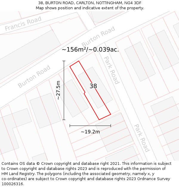 38, BURTON ROAD, CARLTON, NOTTINGHAM, NG4 3DF: Plot and title map