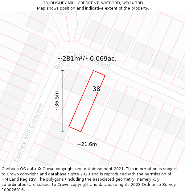 38, BUSHEY MILL CRESCENT, WATFORD, WD24 7RD: Plot and title map