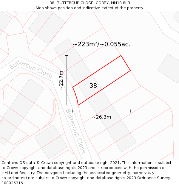 38, BUTTERCUP CLOSE, CORBY, NN18 8LB: Plot and title map