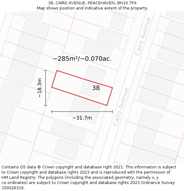 38, CAIRO AVENUE, PEACEHAVEN, BN10 7PX: Plot and title map