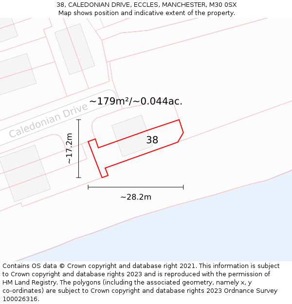 38, CALEDONIAN DRIVE, ECCLES, MANCHESTER, M30 0SX: Plot and title map