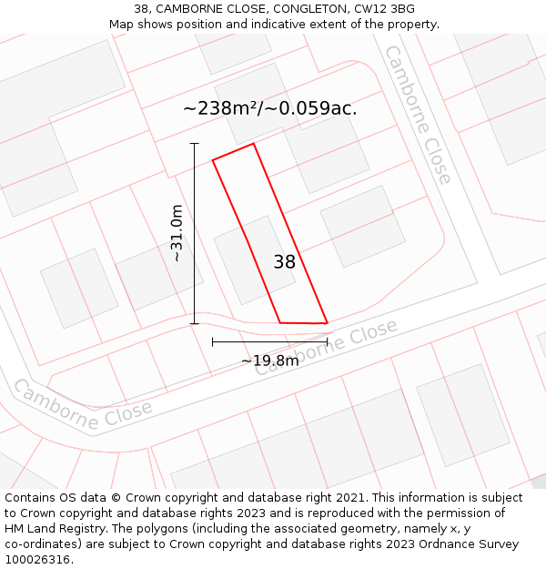 38, CAMBORNE CLOSE, CONGLETON, CW12 3BG: Plot and title map