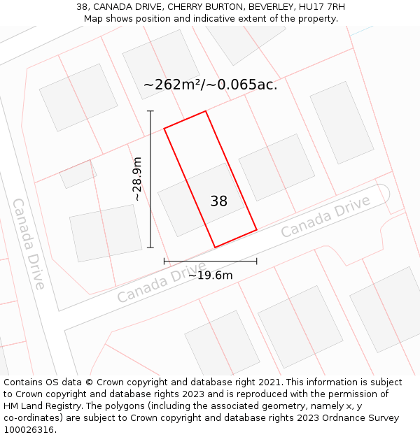 38, CANADA DRIVE, CHERRY BURTON, BEVERLEY, HU17 7RH: Plot and title map