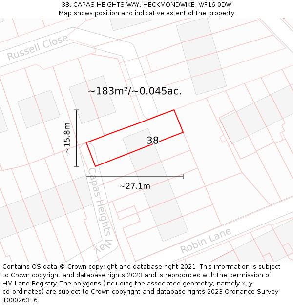 38, CAPAS HEIGHTS WAY, HECKMONDWIKE, WF16 0DW: Plot and title map