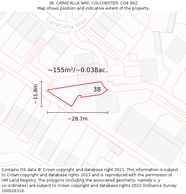 38, CARACALLA WAY, COLCHESTER, CO4 9XZ: Plot and title map