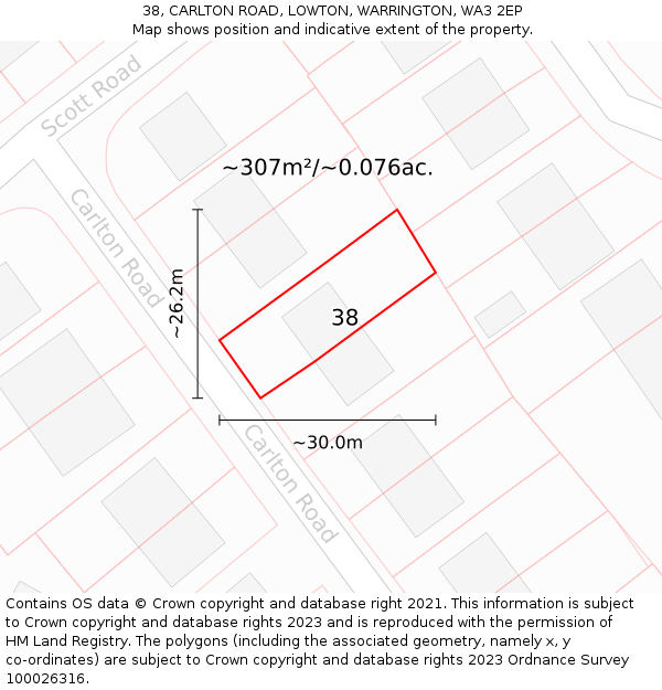 38, CARLTON ROAD, LOWTON, WARRINGTON, WA3 2EP: Plot and title map