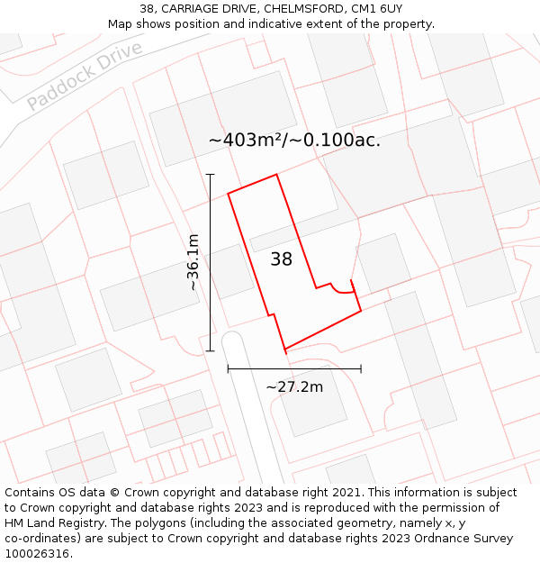 38, CARRIAGE DRIVE, CHELMSFORD, CM1 6UY: Plot and title map