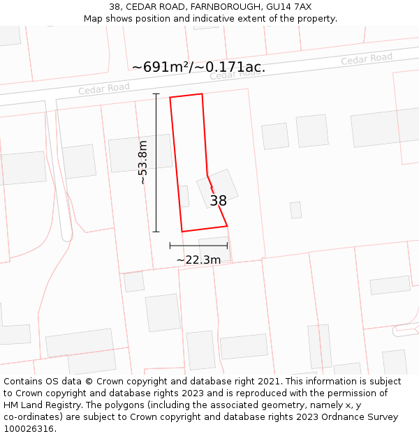 38, CEDAR ROAD, FARNBOROUGH, GU14 7AX: Plot and title map