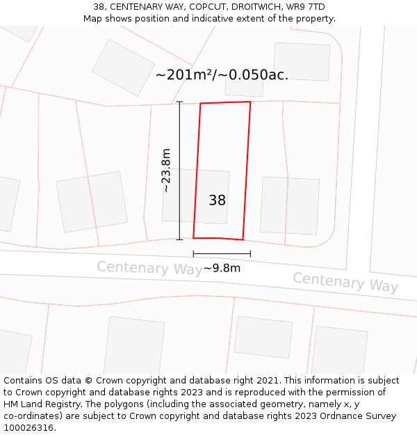 38, CENTENARY WAY, COPCUT, DROITWICH, WR9 7TD: Plot and title map