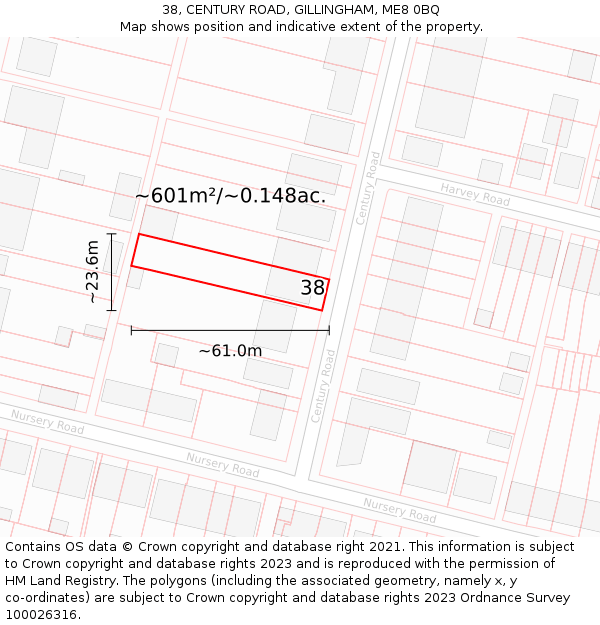 38, CENTURY ROAD, GILLINGHAM, ME8 0BQ: Plot and title map