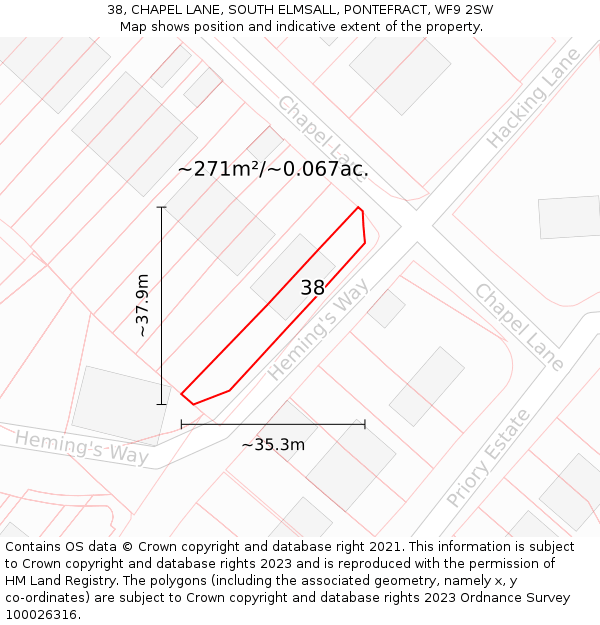 38, CHAPEL LANE, SOUTH ELMSALL, PONTEFRACT, WF9 2SW: Plot and title map