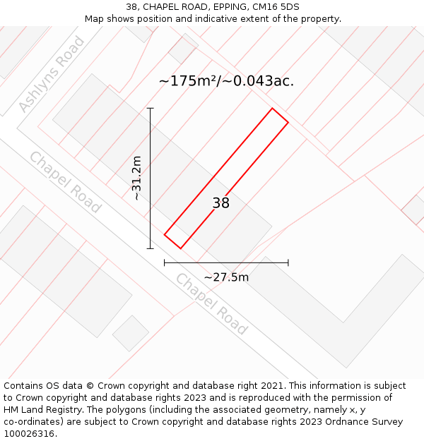 38, CHAPEL ROAD, EPPING, CM16 5DS: Plot and title map