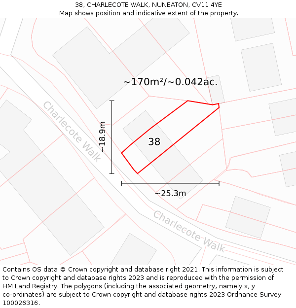 38, CHARLECOTE WALK, NUNEATON, CV11 4YE: Plot and title map