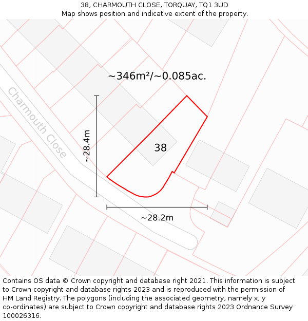 38, CHARMOUTH CLOSE, TORQUAY, TQ1 3UD: Plot and title map