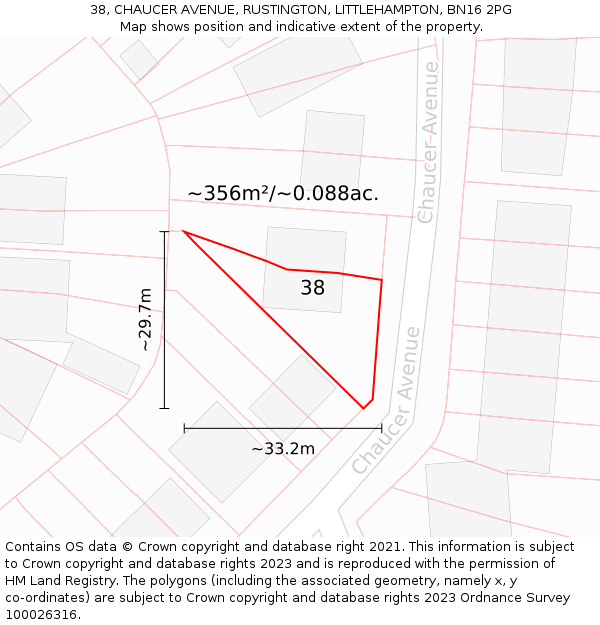 38, CHAUCER AVENUE, RUSTINGTON, LITTLEHAMPTON, BN16 2PG: Plot and title map