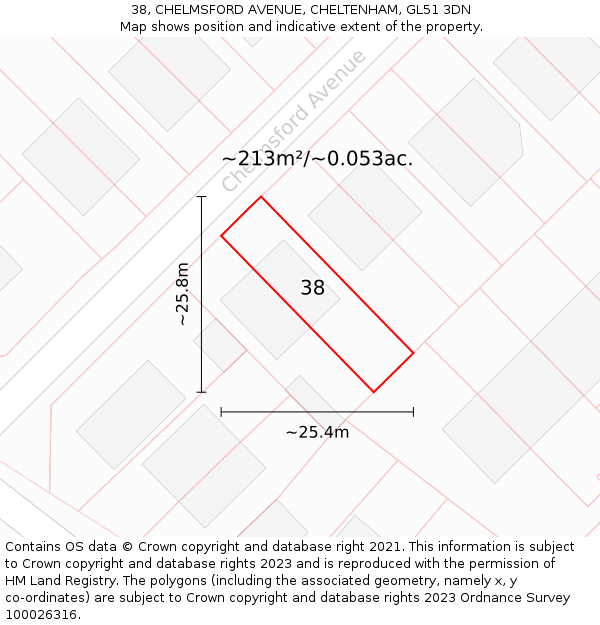 38, CHELMSFORD AVENUE, CHELTENHAM, GL51 3DN: Plot and title map