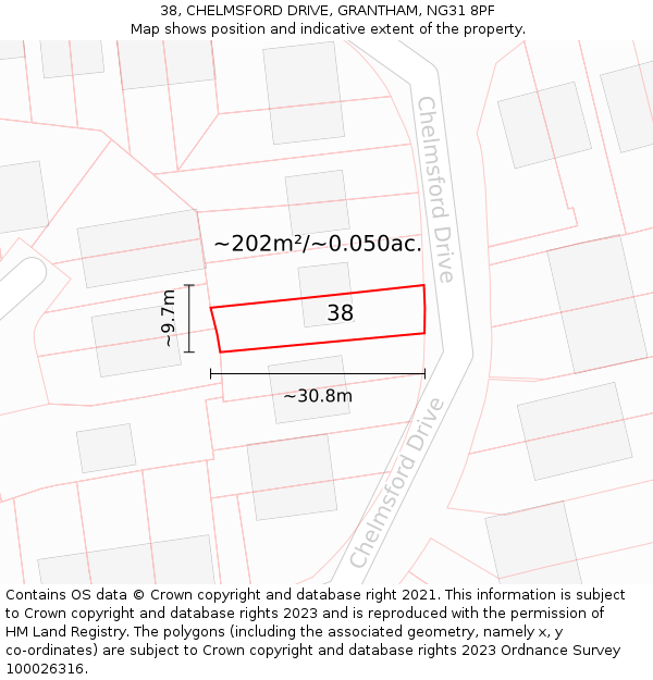 38, CHELMSFORD DRIVE, GRANTHAM, NG31 8PF: Plot and title map